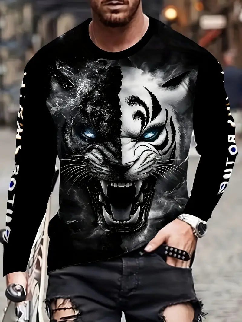 European and American Cross-Border Amazon Foreign Trade Men's Animal Fashion3D Digital Printing Casual Round Neck Long Sleeves T T-Shirt Wholesale