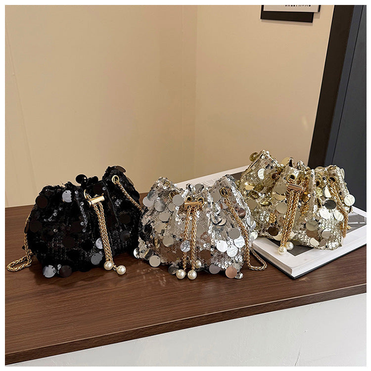 Trendy and High-End Sequin Bucket Bag2025Summer New Fashion Versatile Stylish French Chain Single Shoulder Crossbody