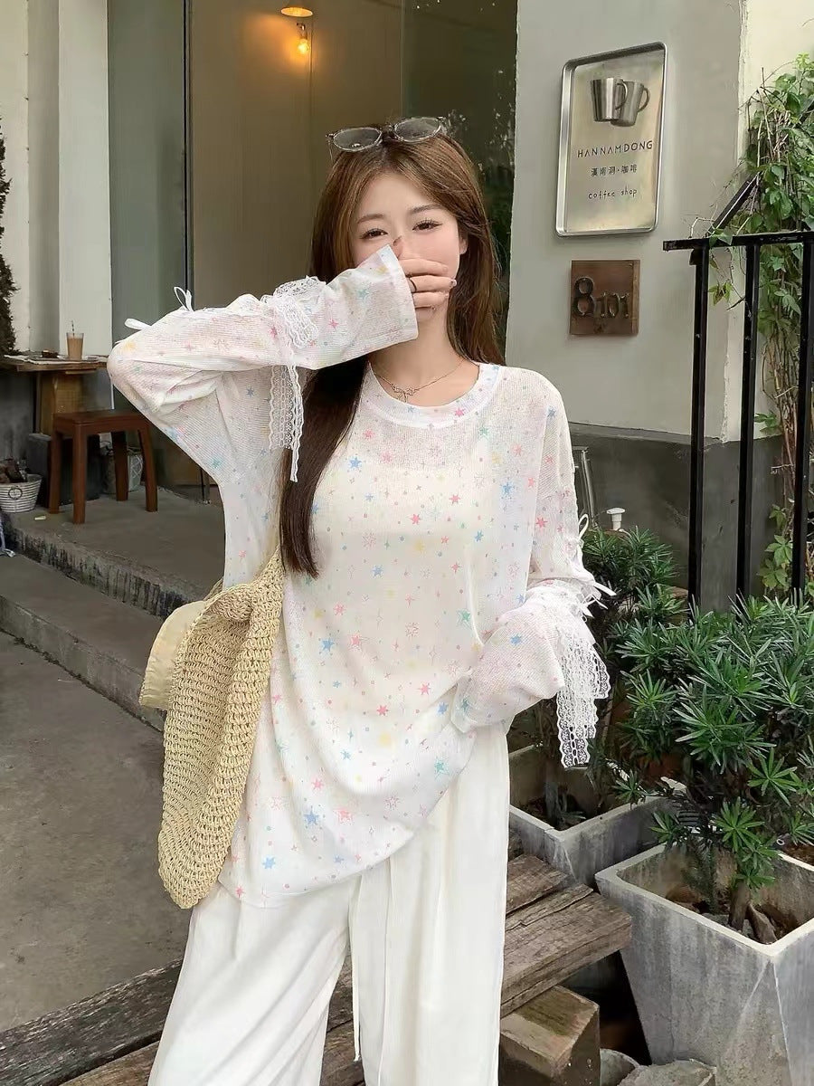 Dopamine Star Sun Protection Long Sleeve Knit Top Autumn2024New Loose Bowknot Design Niche Top