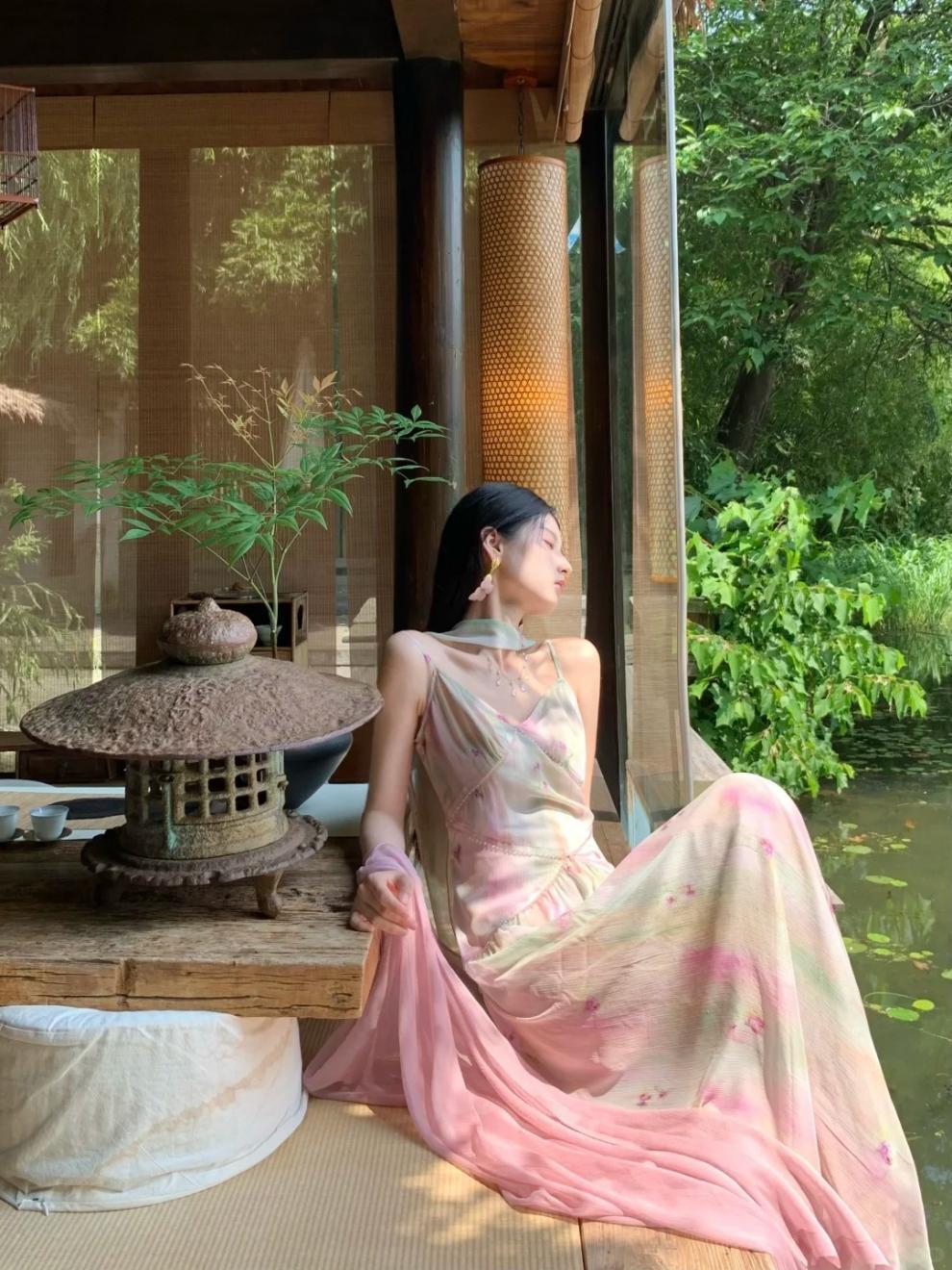 Cool Beauty Lotus Color Fairy-like Summer Atmosphere Cape Blouse Jacket Floral Strap Long Dress Set