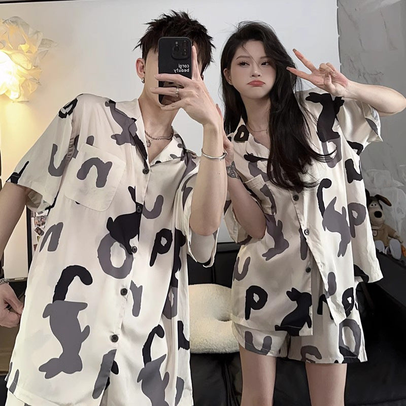 Wholesale Thin Couple Pajamas for Women Spring Autumn Summer Ice Silk Homewear Summer Men's Hot Short Sleeve Shorts Set