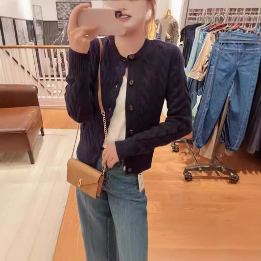 Counter Same Style Pony Embroidery Wool Cable Vintage Knitted Cardigan Women Autumn Winter Sweater Round Neck Thick Coat Top
