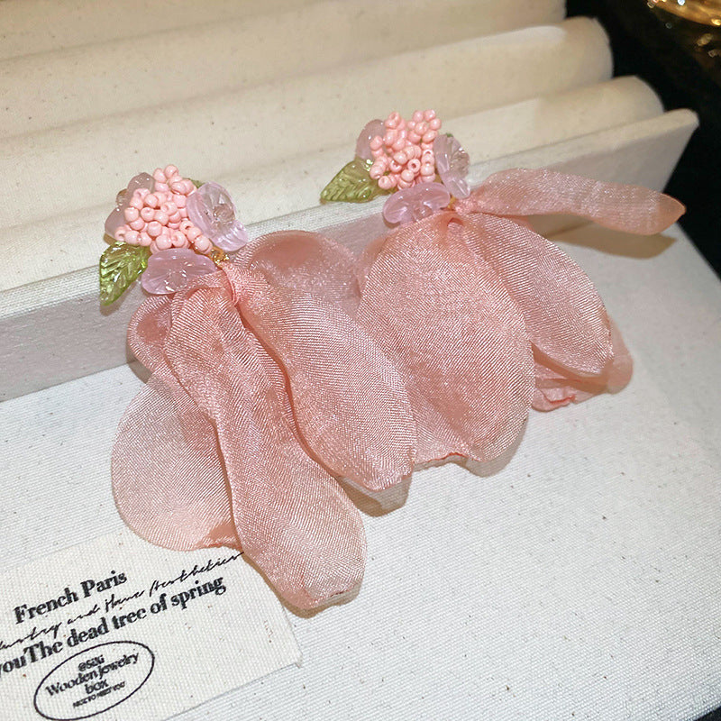 Resort Style Silver Needle Fabric Flower Tassel Earrings High-End Fashion Earrings Bohemian Sweet Exaggerated Ear Jewelry