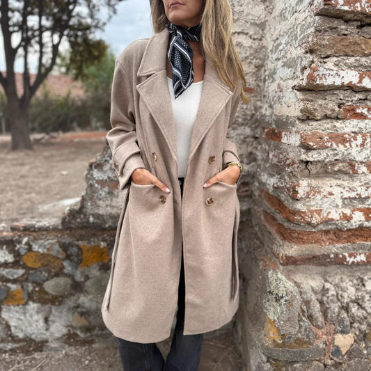 2025Amazon European and American Cross-Border Autumn Winter New Lace-Up Cardigan Casual Long Sleeve Turn-Down Collar Woolen Pocket Coat for Women