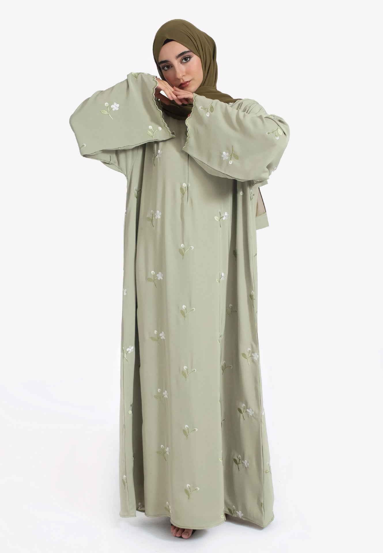 AliExpress Cross-Border New Muslim Middle Eastern Arabic Green Floral Embroidered Fashion Elegant Dress Robe