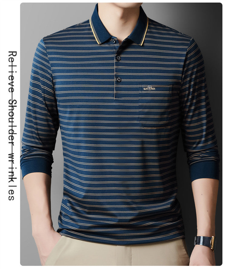 Autumn Men's Long Sleeve Cotton t Shirt for Middle-aged Dad Autumn Outfit with Turn-down Collar and Stripes POLO Base Layer Shirt T Grandpa's clothes