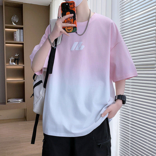 2025Summer New Men's Youth Casual Stylish Trendy Loose Short Sleeve T Shirt Gradient Color for Middle and High School Students