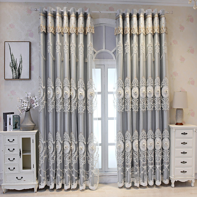 European Style High-End Simple Modern Fabric Sheer Integrated Blackout Double Layer Embossed Embroidered Curtains for Living Room Bedroom Balcony