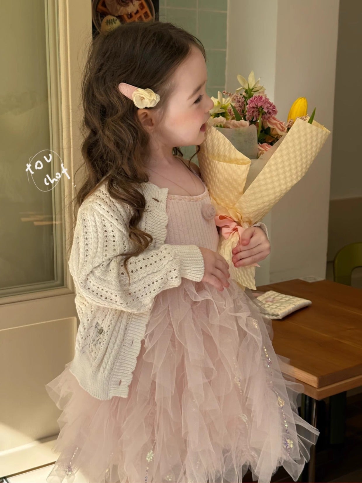 Girls Korean Style Cotton Strap Floral Mesh Princess Dress