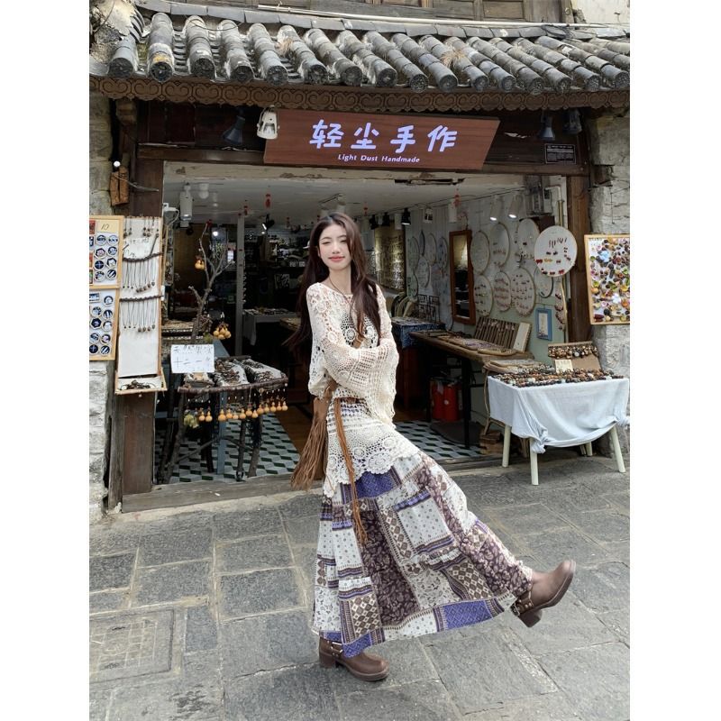 Bohemian Vacation Style Set Dress for Women Summer Hollow Out Sun Protection Knitted Cover-Up Printed Skirt Two-Piece Set