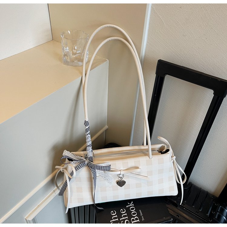 Dopamine Plaid Handbag Small Tote Bag for Women Summer2025New Ballet Style Bow Baguette Bag Underarm Bag Trendy