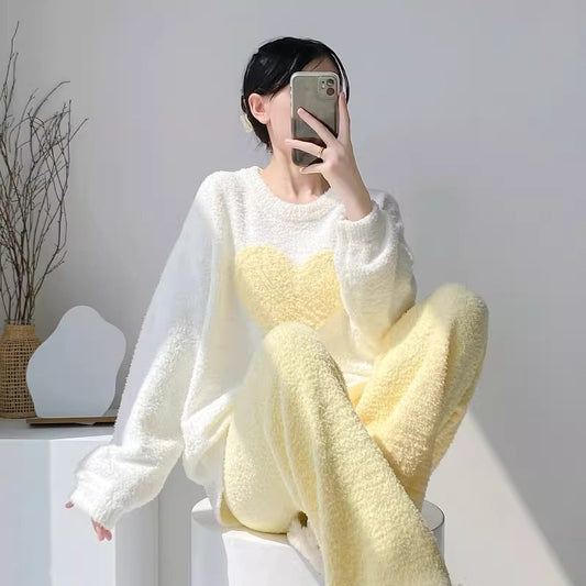 Winter New Heart Half-Fleece Pajamas for Women Loose Fit Fleece-Lined Warm Sweet Cute Style Homewear Two-Piece Set