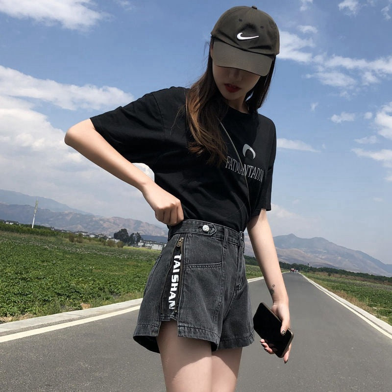Side Zipper High Waist Denim Shorts Women Summer Loose Fit2025New Year's Slimming Letter Print Wide-Leg Hot Pants Trend