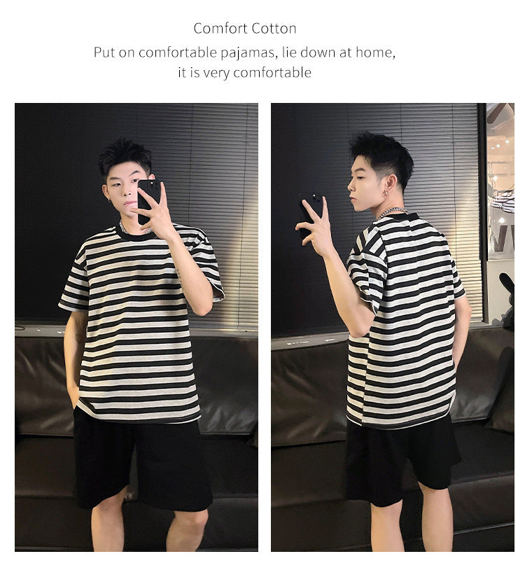 Couple Summer New Pajamas Women's Short Sleeve Imitation Cotton Nightdress Korean Style Wearable Men's Homewear Striped Set