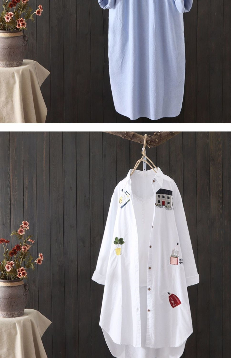 In Stock Japanese and Korean Style Spring Summer Two-Way Cotton Shirt for Women Loose Mid-Length Top Artistic Embroidery Short Sleeve Jacket