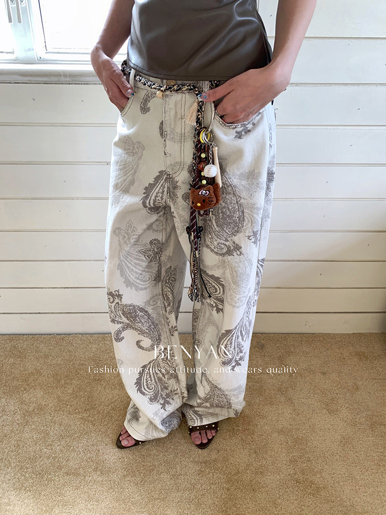 Original text Thirteen Lines Autumn Loose Retro Print Versatile Casual Jeans for Women【Includes Waist Belt】82285