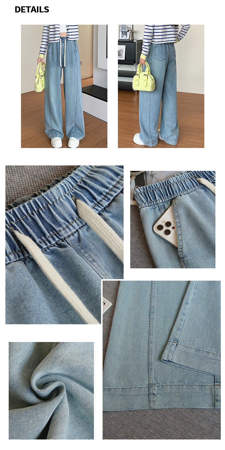 Tencel Jeans for Women Summer Thin Elastic Waist High Waist Draped Large Size Loose Straight Side Seam Front-Moved Wide-Leg Pants
