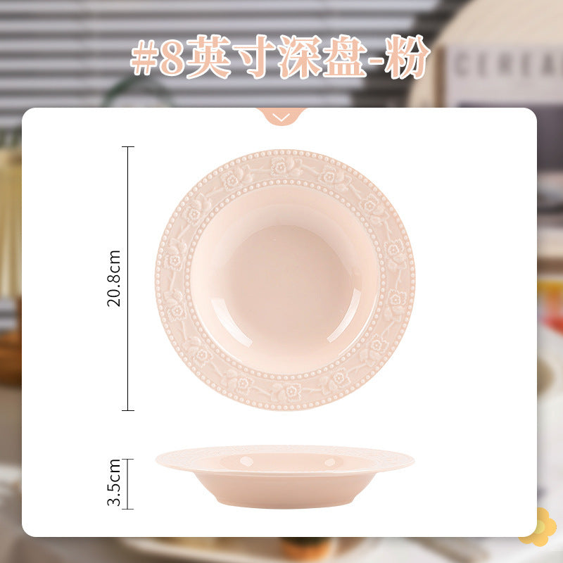French Style Tableware Bowl and Plate Set for Home Use, High Aesthetic Value for Girls, Cute Ceramic Bowl Set, New Embossed Tableware