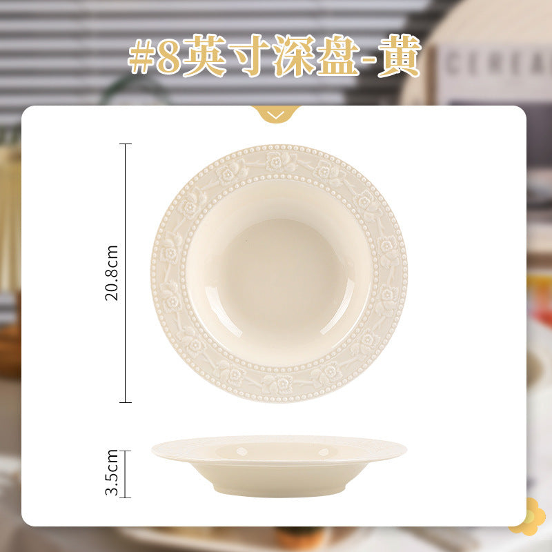 French Style Tableware Bowl and Plate Set for Home Use, High Aesthetic Value for Girls, Cute Ceramic Bowl Set, New Embossed Tableware