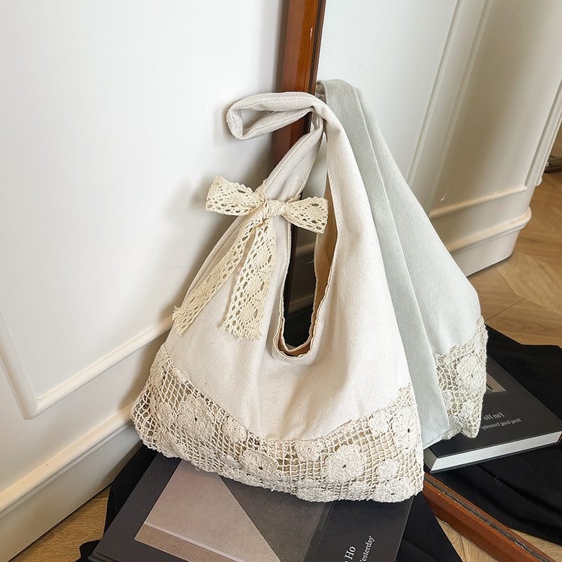 Design Summer Vacation Style Large Capacity Beach Bag Niche Lace Canvas Underarm Bag Women's Floral Single Shoulder Tote Bag