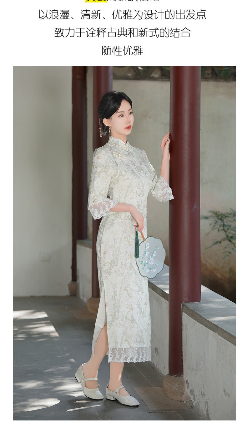 Vintage Cheongsam Improved Version Dress with Oversized Sleeves Elegant Artistic Long Style2025Spring and Summer New Wholesale