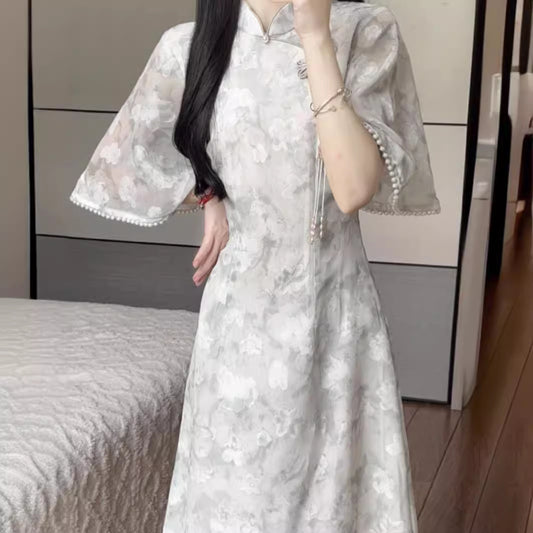 Matcha2024New Summer Style Fresh Elegant Improved Cheongsam Long Daily Youth Dress