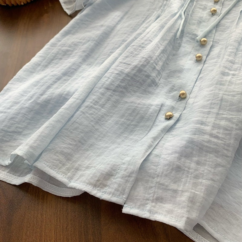 Real Shot◆Private Server Edition！French Style Round Neck Breathable Comfortable Light Pink Lace-Up Loose Shirt Chiffon Blouse