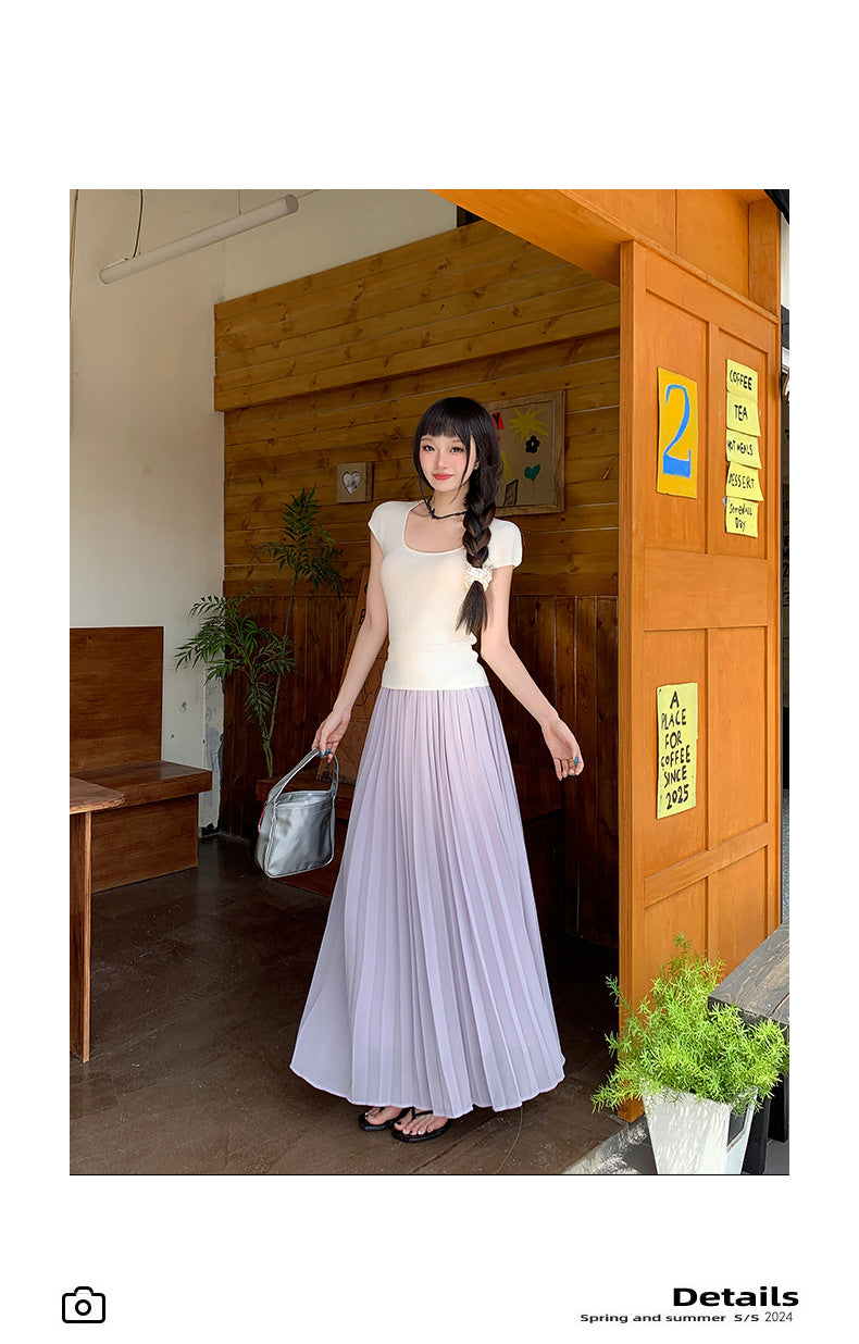 Thirteen Lines·Yunheyu Gentle Light Purple Pleated Long Skirt for Women Versatile Casual Vacation Style Draped Half Skirt