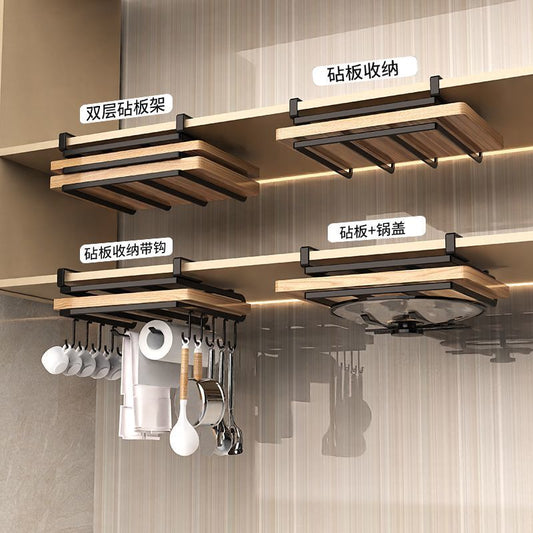 Wall-Mounted Cutting Board Rack Under Cabinet Hanging Pot Lid Rack Kitchen Multi-Functional Storage Rack No-Drill Cutting Board Organizer