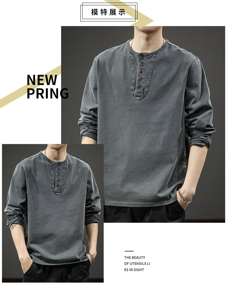 2025New casual men's pure cotton long sleeves t Loose Thin Spring Autumn Trendy Brand Henley Collar Base Shirt Sweatshirt