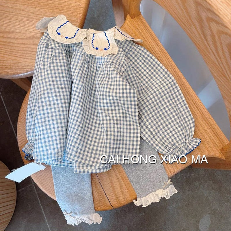 2025Autumn Children's Clothing Girls' Puff Sleeve Shirt Stylish Blue Plaid Baby Doll Long Sleeve Top