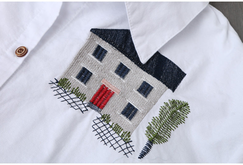 In Stock Japanese and Korean Style Spring Summer Two-Way Cotton Shirt for Women Loose Mid-Length Top Artistic Embroidery Short Sleeve Jacket