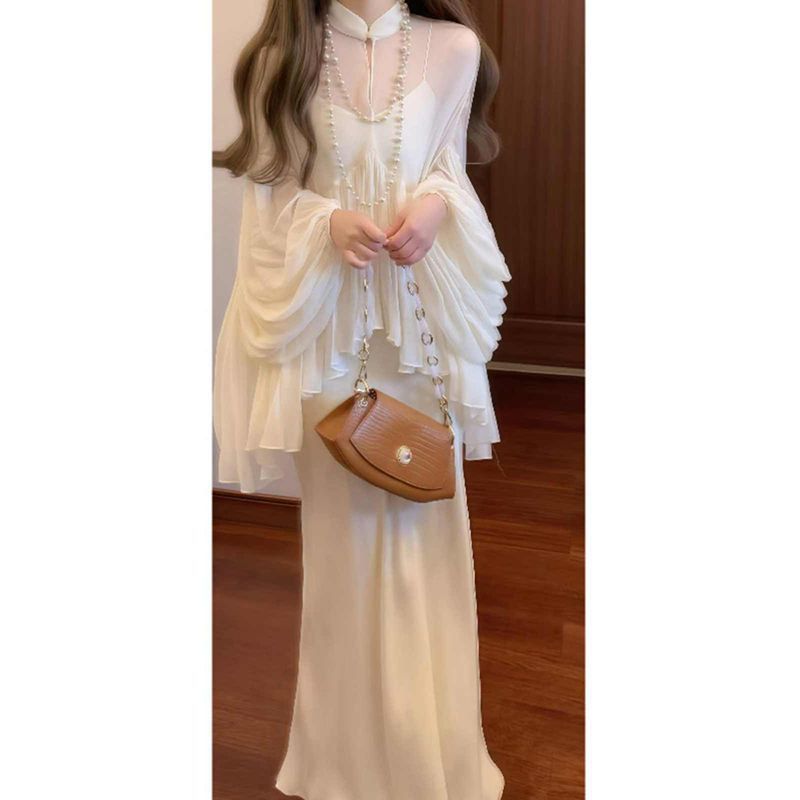 New Chinese Style National Style Set Cool and Relaxed Feel Strap Dress Stand Collar Top Elegant and Decent Two-Piece Dress Set