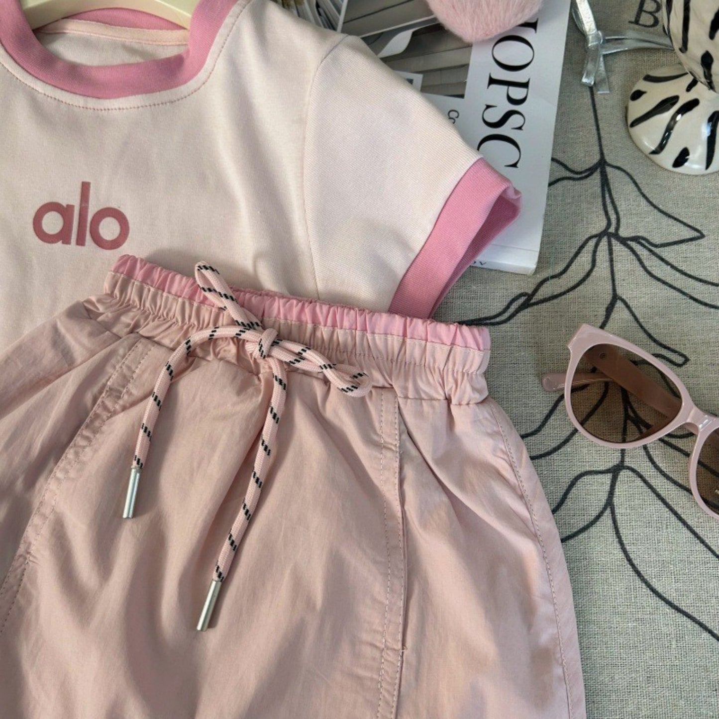 Sweet Little Chef Children's Clothing25New Summer Girls Color Block Letter Short Sleeves T Trendy Pink Skirt Pants Two-Piece Set for Children