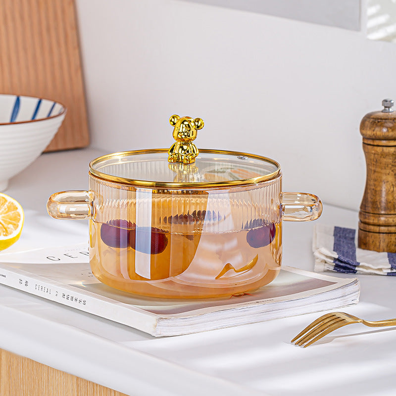 Creative Bear Double Ear Soup Pot Striped Pot Glass Transparent Health Pot Electric Ceramic Stove Heatable Instant Noodle Bowl Milk Pot