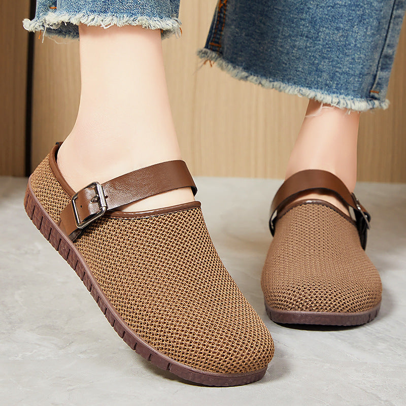 Shoes Women's Casual New Style Versatile Soft Sole Sandals insF French Style Women's Outdoor Slippers Flyknit Mesh Closed Toe Half Slipper