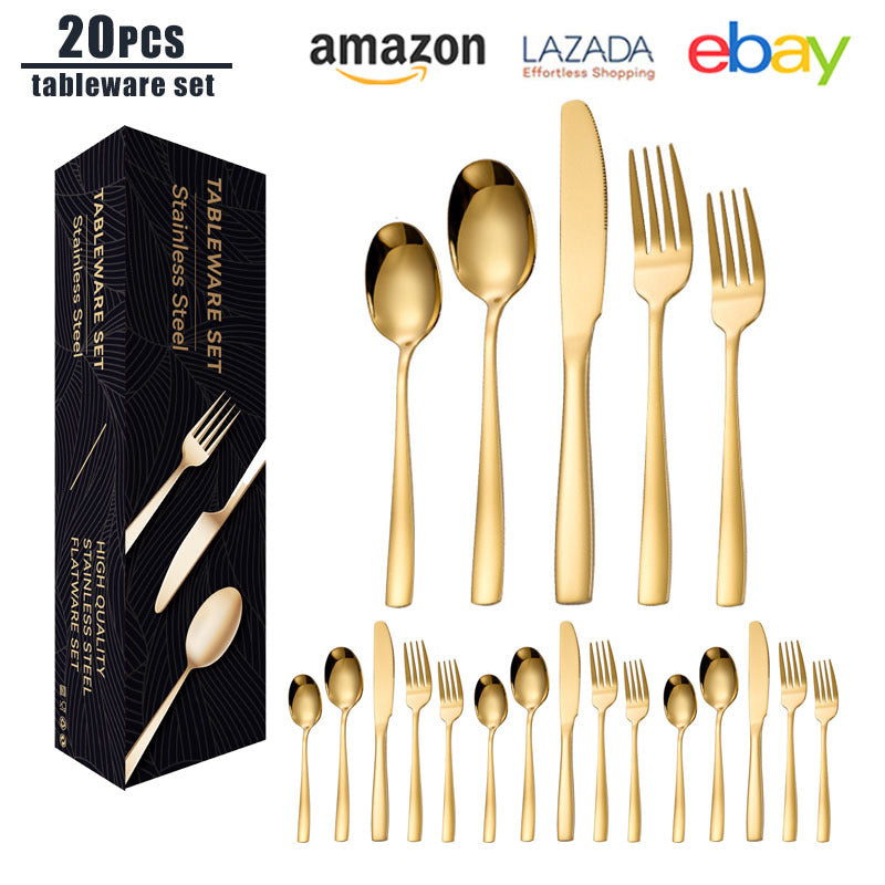 tatableware set Square Handle Stainless Steel Knife Fork Spoon Mail Order Box Color Box Set Titanium Coated Western Steak Knife Fork
