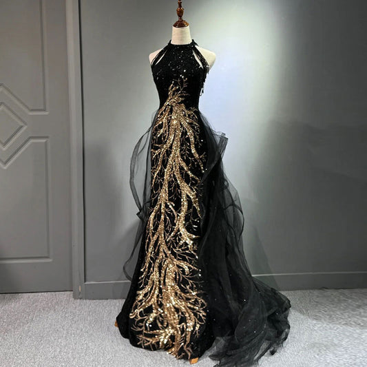 New Evening Dress Black High-End Slim Fit Elegant Socialite Host Halter Neck Mermaid Dress Wedding Toast Dress