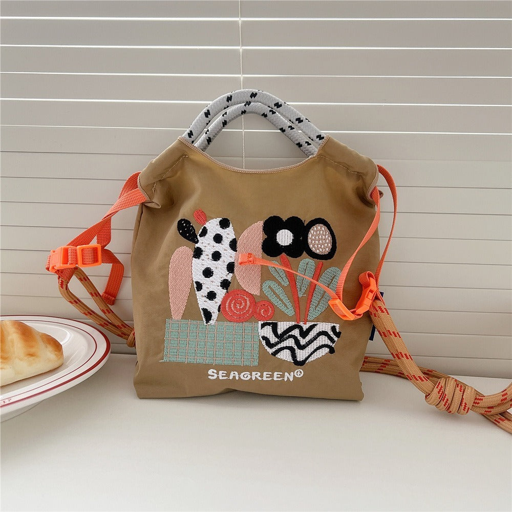 Japanese Style BallChain Same Style Eco-Friendly Embroidered Shopping Bag Nylon Fabric Floral Handheld Niche Fashion Shopping Bag