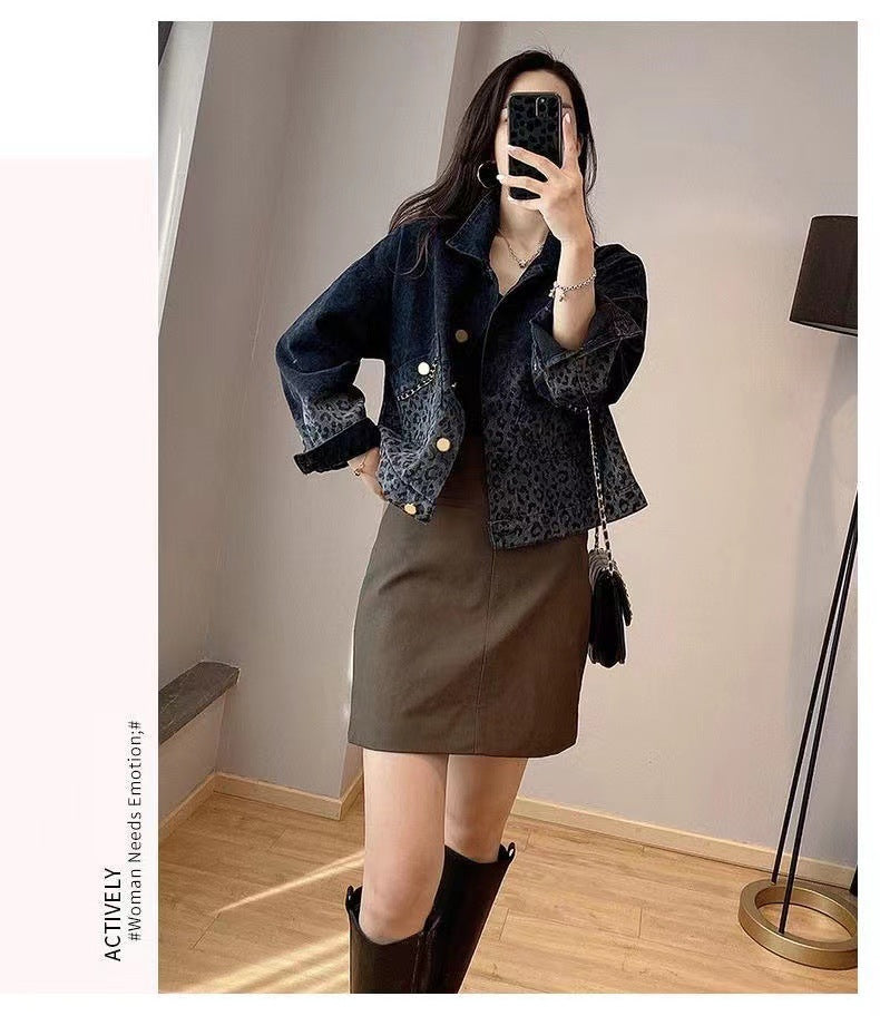 Black Vintage Leopard Print Denim Jacket for Women Fashion Short Coat Autumn Women's Clothing2022New Arrival Jacket