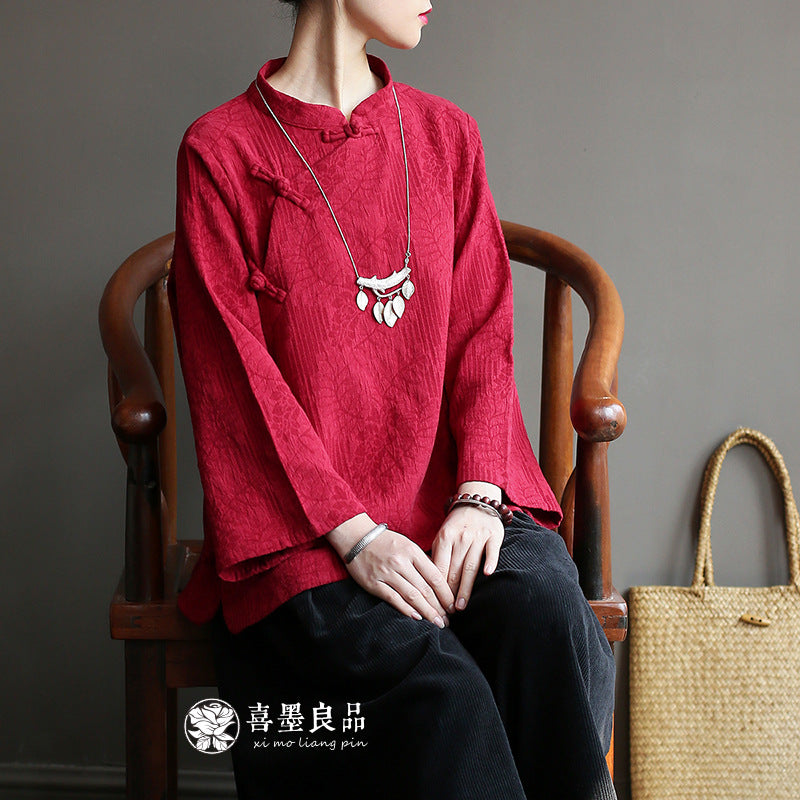 8813Xi Mo Women's Clothing Republic of China Retro Artistic Spring and Autumn New Double Layer Jacquard Button Shirt Chinese Style Short Top