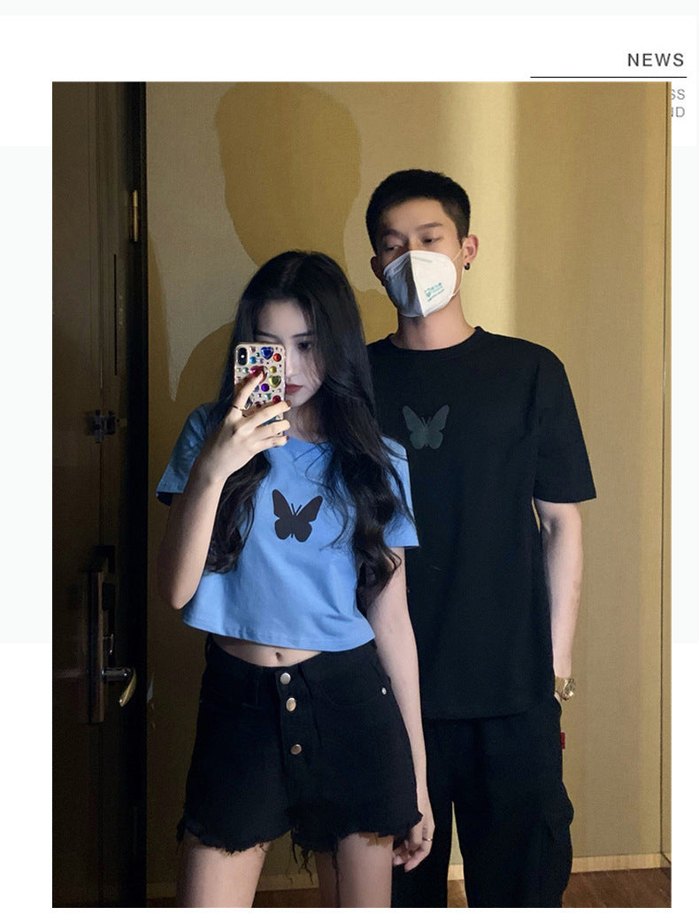 Summer2025New Year's Trendy Internet Celebrity Couple Outfit Reflective Butterfly Short Sleeve t Women's Summer T-shirt ins Super Popular Short Top
