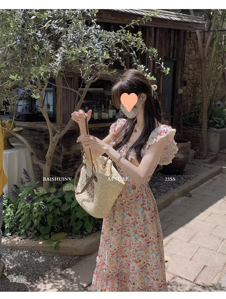 Floral Square Neck Slim Fit Women's Dress for Beach Vacation Casual Long Dress