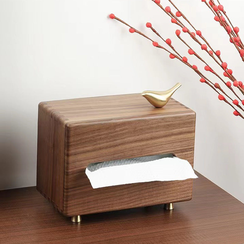 Black Walnut Wood Tissue Box for Home Living Room, Copper Bird Tissue Box, Desktop Ornament, Wooden Tissue Storage Box