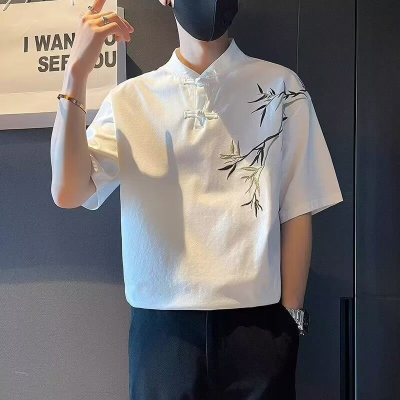 Summer New Chinese Style Button Short Sleeve T Men's Shirt with Unique Embroidery Bamboo Design Retro Cool National Style Half Sleeve t T-shirt