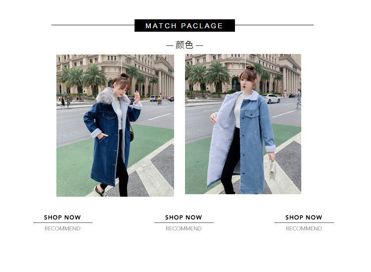 2022Winter New Mid-Length Large Fur Collar Fleece-Lined Lamb Wool Denim Jacket for Women Loose Casual Cotton Coat