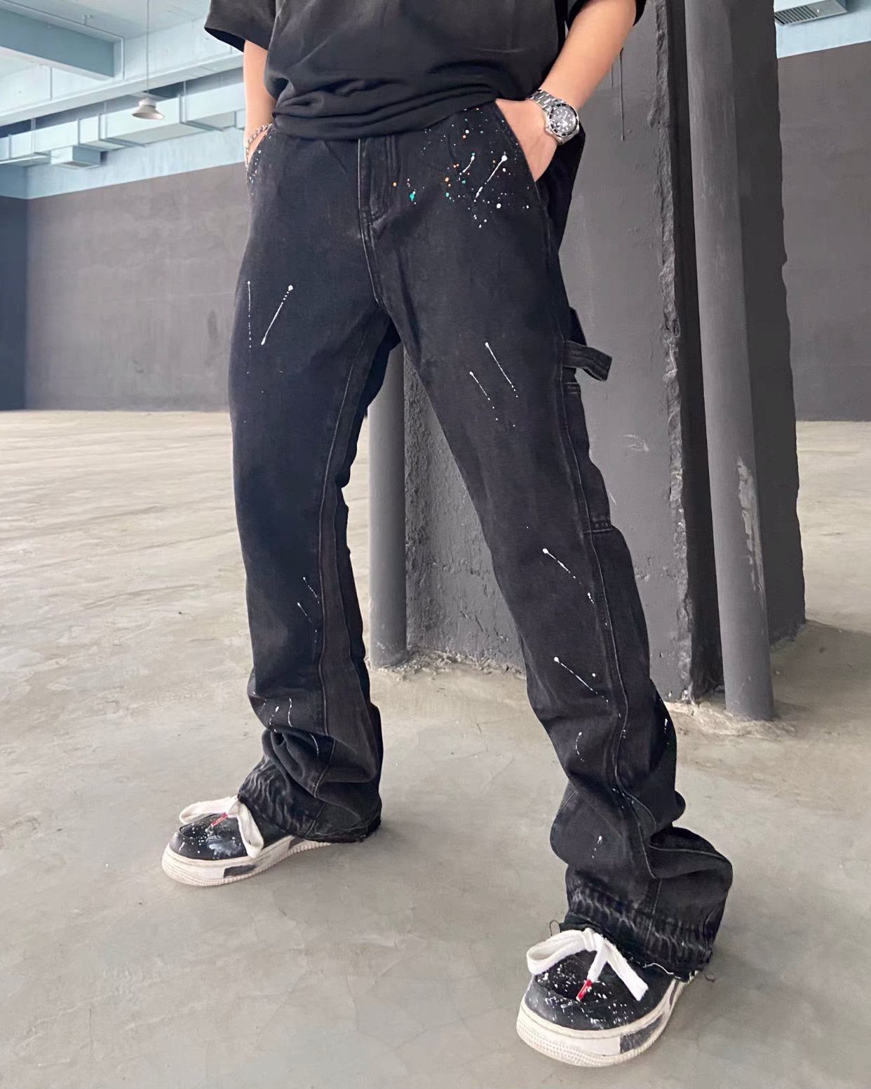 2023New Graffiti Ink Splash Damage Dept Casual Retro Niche vibo High Street Men's and Women's Flared Jeans