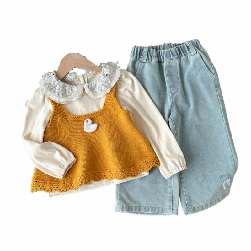 Sweet Little Girl Autumn Set Little Yellow Duck Knitted Vest+Floral Collar Shirt+Denim Wide-Leg Pants Three-Piece Set