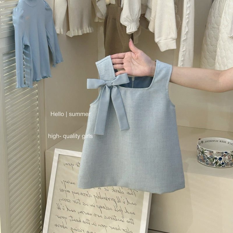 【Sweet Little Chef】Girls' Early Autumn Rolled Hem Base Shirt Bowknot Vest Dress Set Baby Little Chanel Two-Piece Trendy