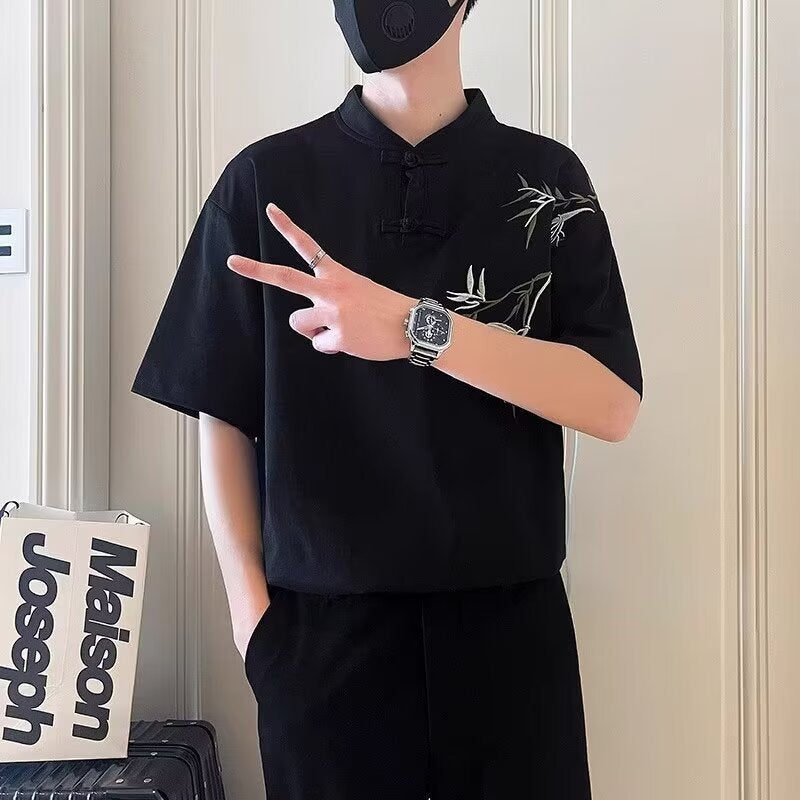 Summer New Chinese Style Button Short Sleeve T Men's Shirt with Unique Embroidery Bamboo Design Retro Cool National Style Half Sleeve t T-shirt